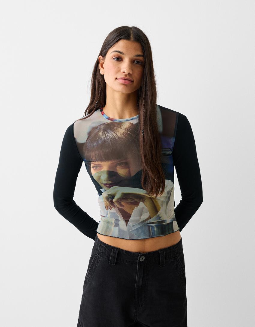 T-shirt Pulp Fiction manches longues tulle imprimé-Noir-1