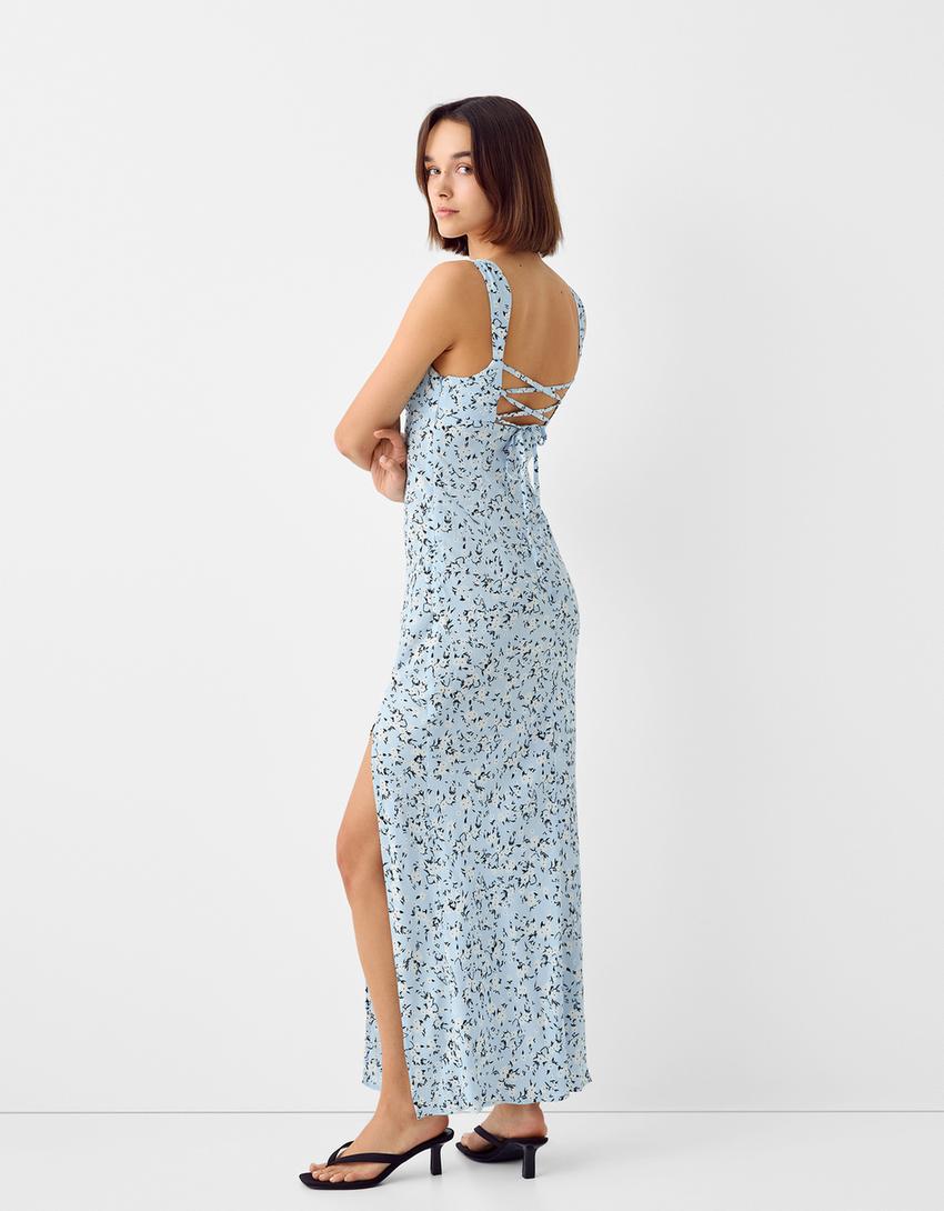 Printed strappy midi dress with ties at the back-Multicolored