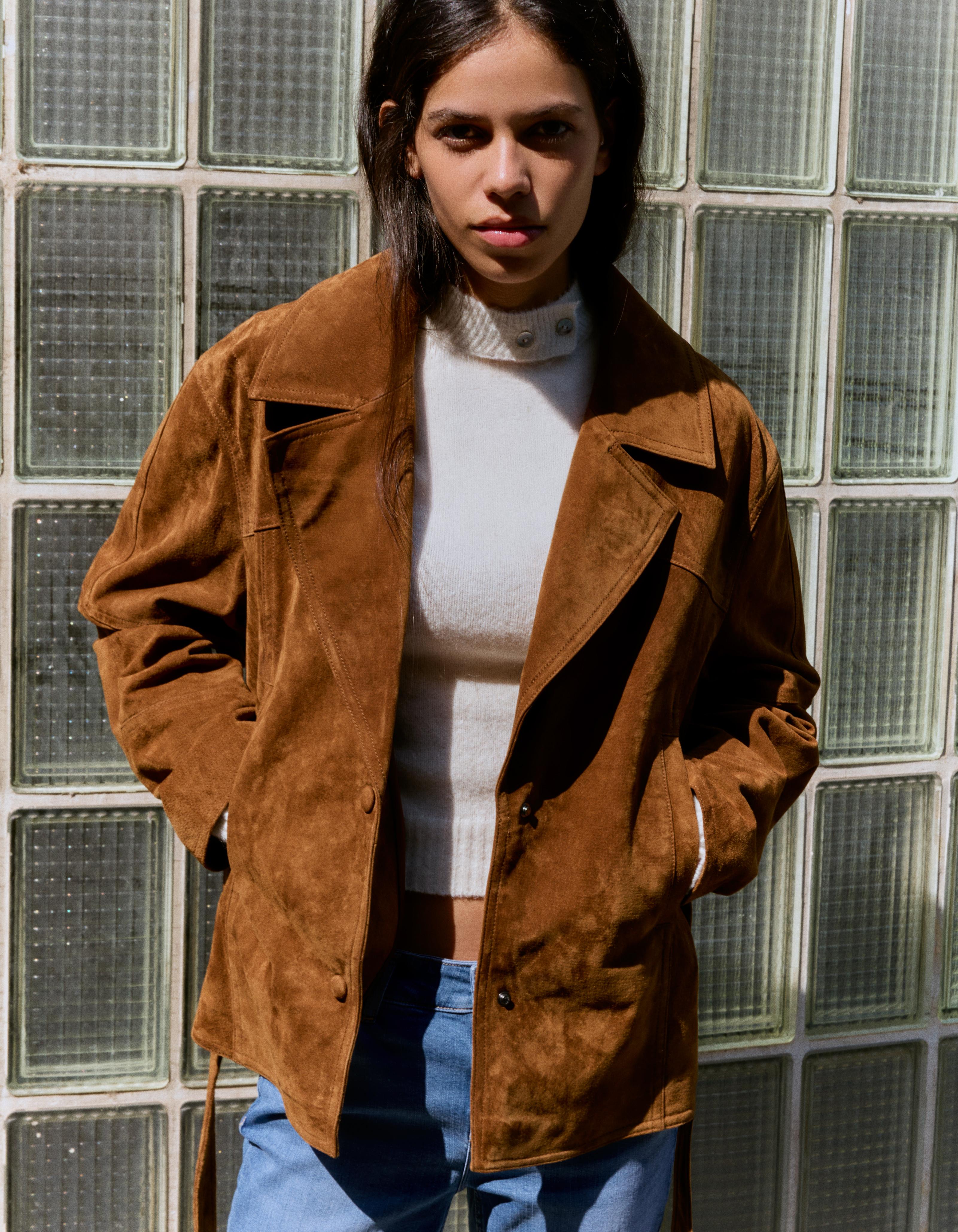 Suede jacket with belt — Brown