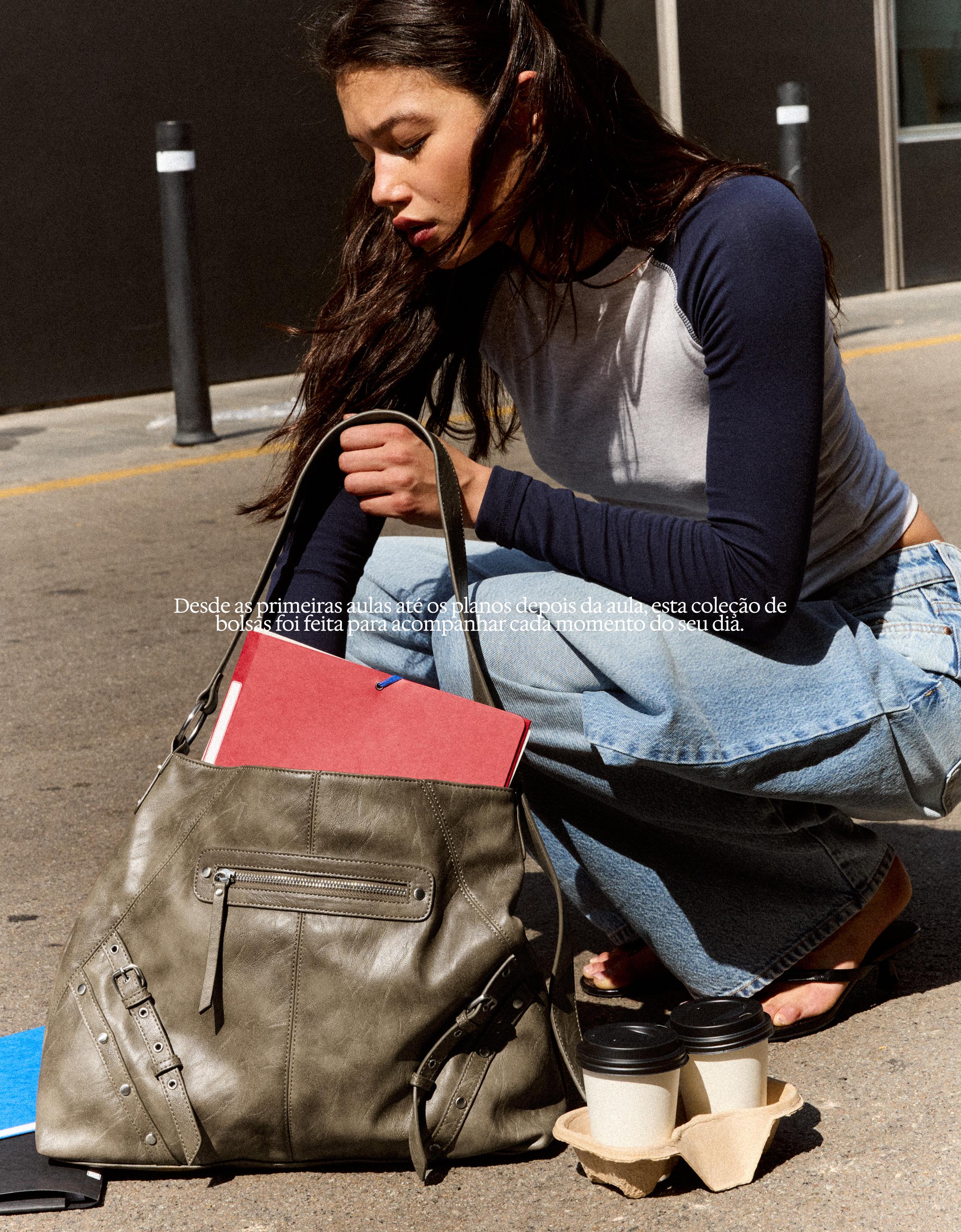 Leather effect bucket bag with buckles — Sand