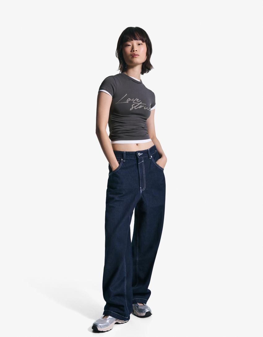 T-Shirt mit Print und Nieten-Dunkelgrau-2