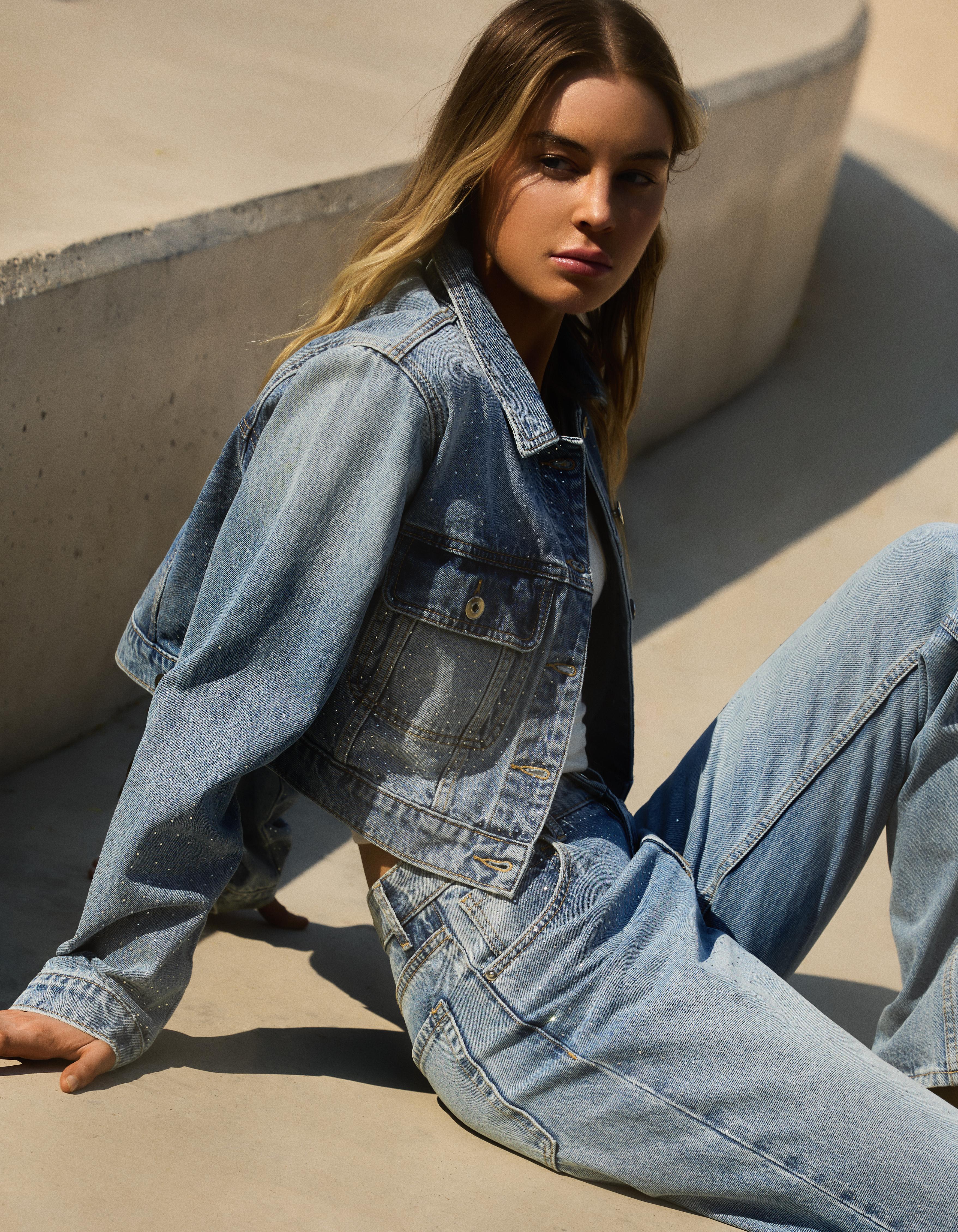 Bershka Cazadora Denim Cropped Brillo Mujer L Azul Lavado