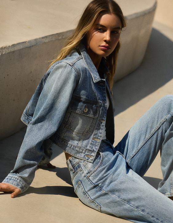 Işıltılı crop denim ceket