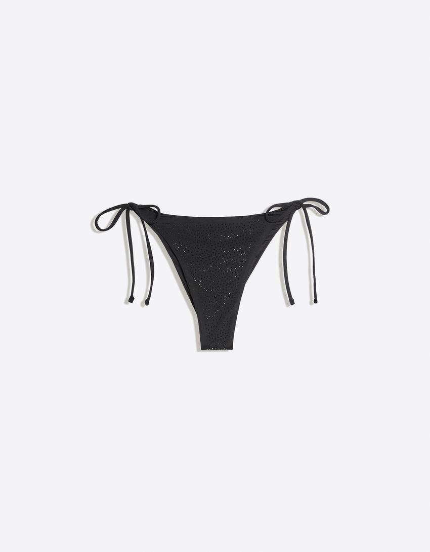 Bas de bikini tanga à strass-Noir