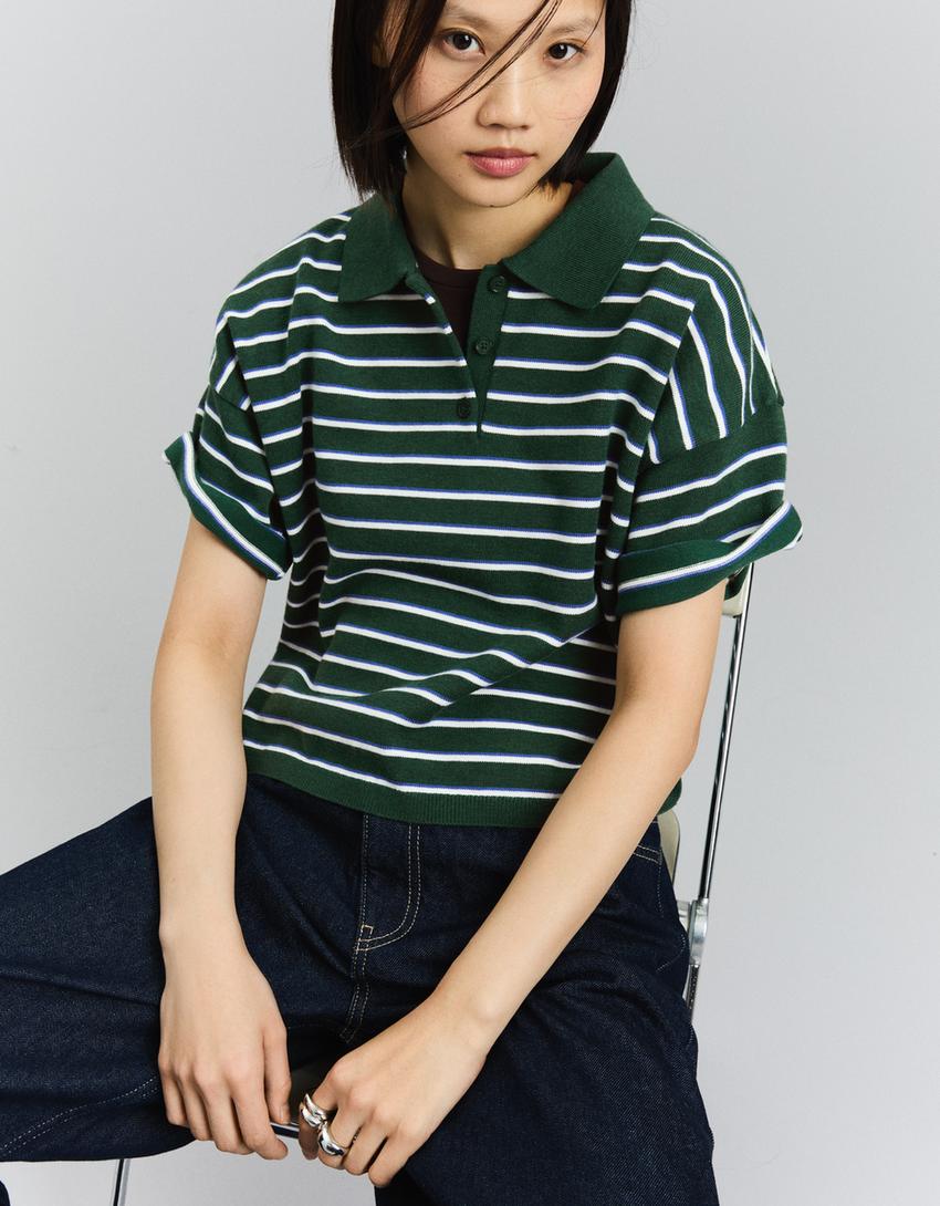 Ριγέ πουλόβερ με γιακά polo-Πράσινο