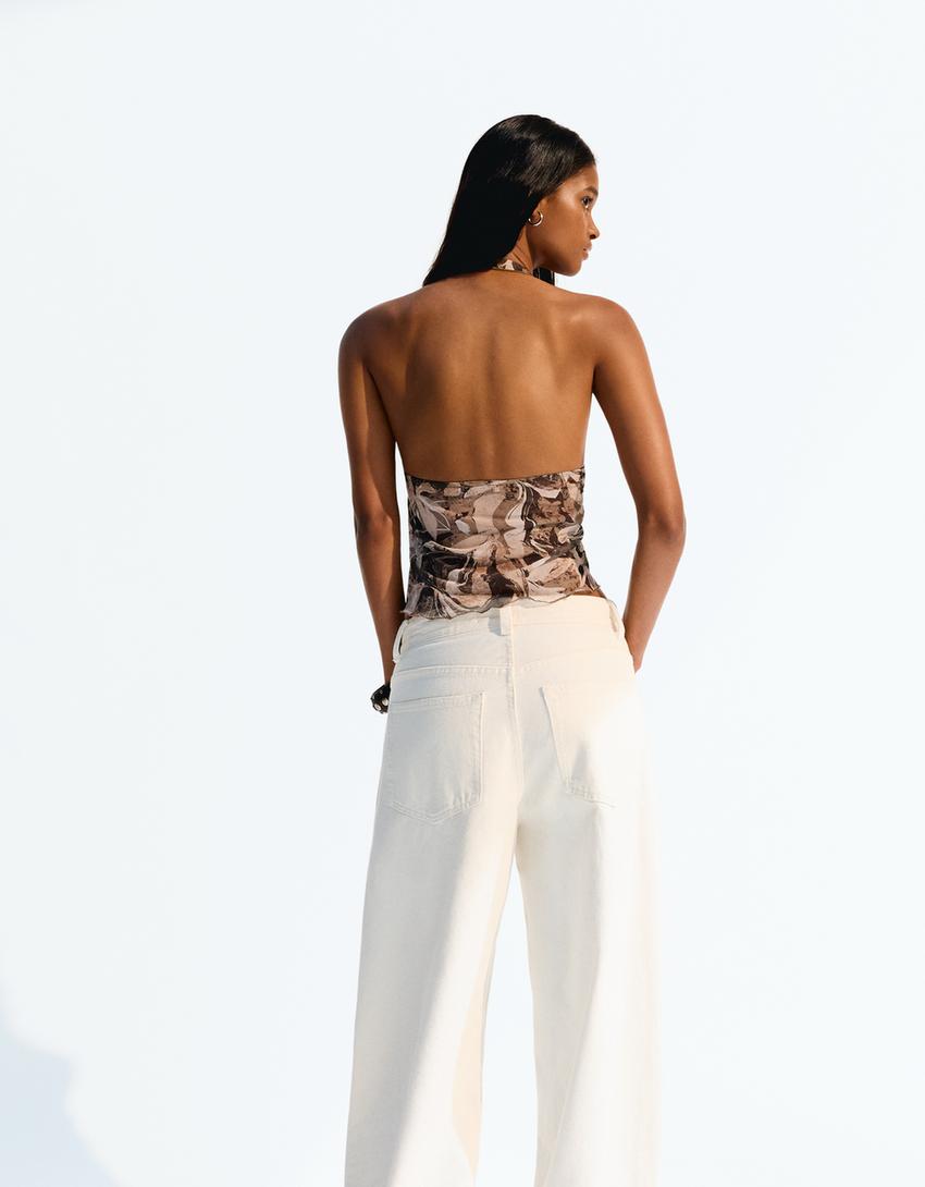 Neckholder-Top aus Tüll mit Raffungen und Print-Khaki-1