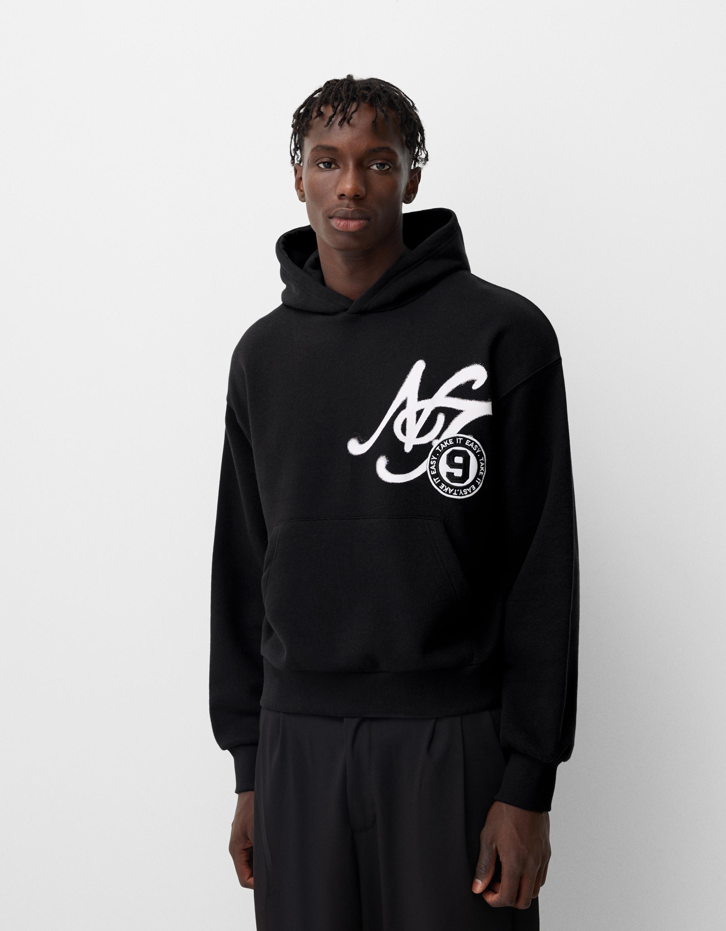 Bershka Varsity Sweatshirt Mit Kapuze Und Print Herren Xs Schwarz