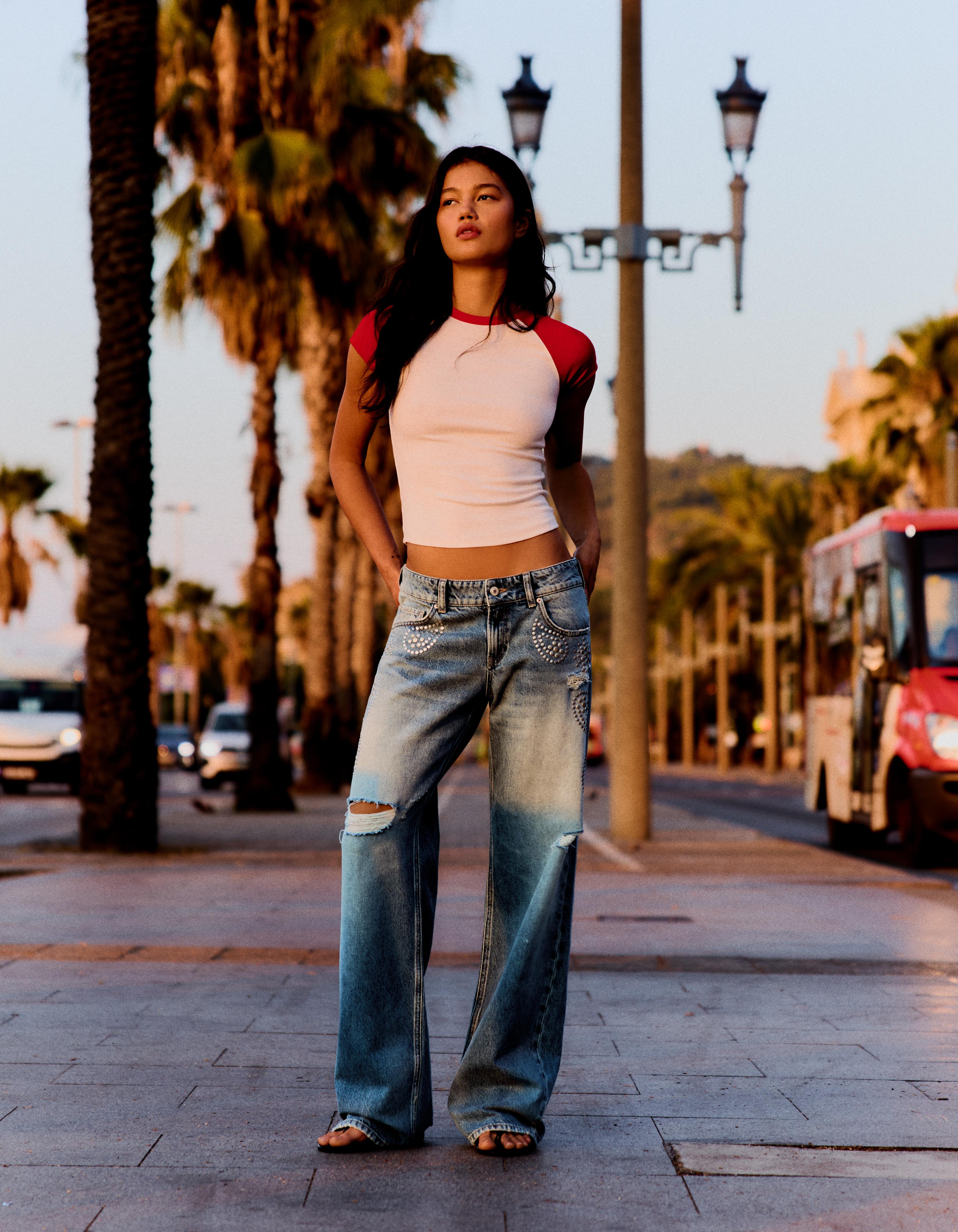 Bershka Jeans Straight Tiro Medio Tachas Mujer 32 Azul Lavado