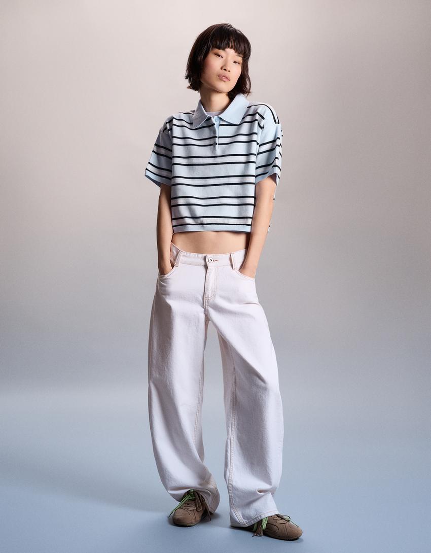 Pull col polo rayé-Bleu