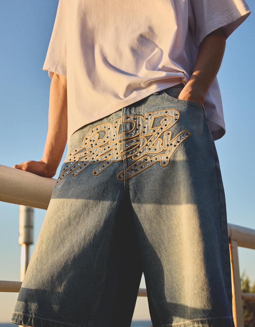 İşlemeli denim bermuda-Açık mavi