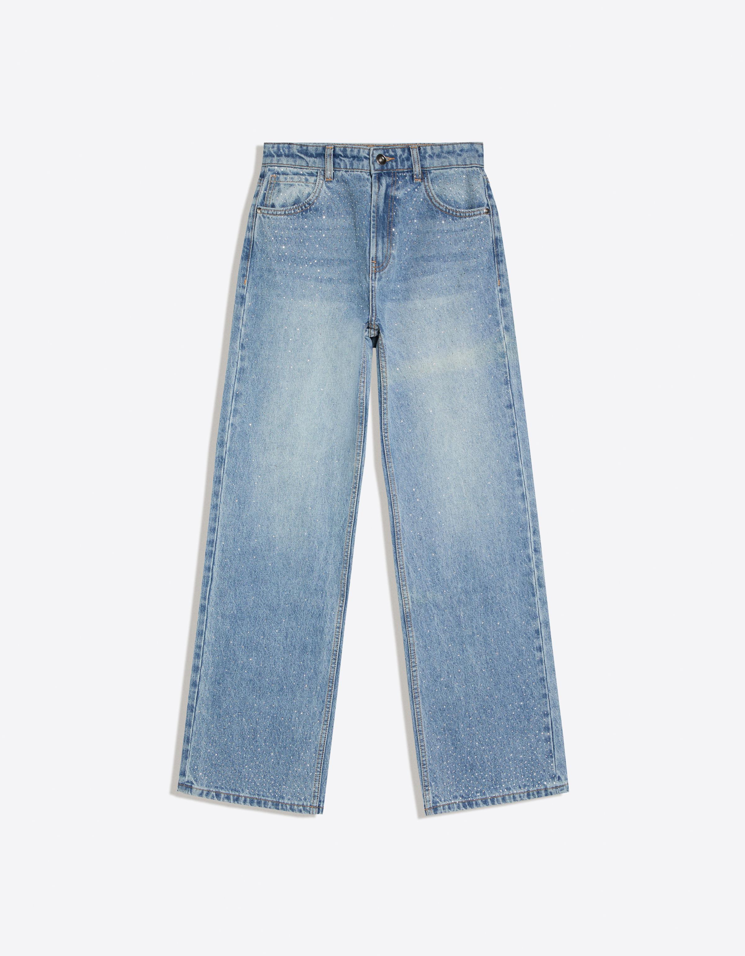Bershka Jeans Straight Wide Brillo Mujer Azul Lavado