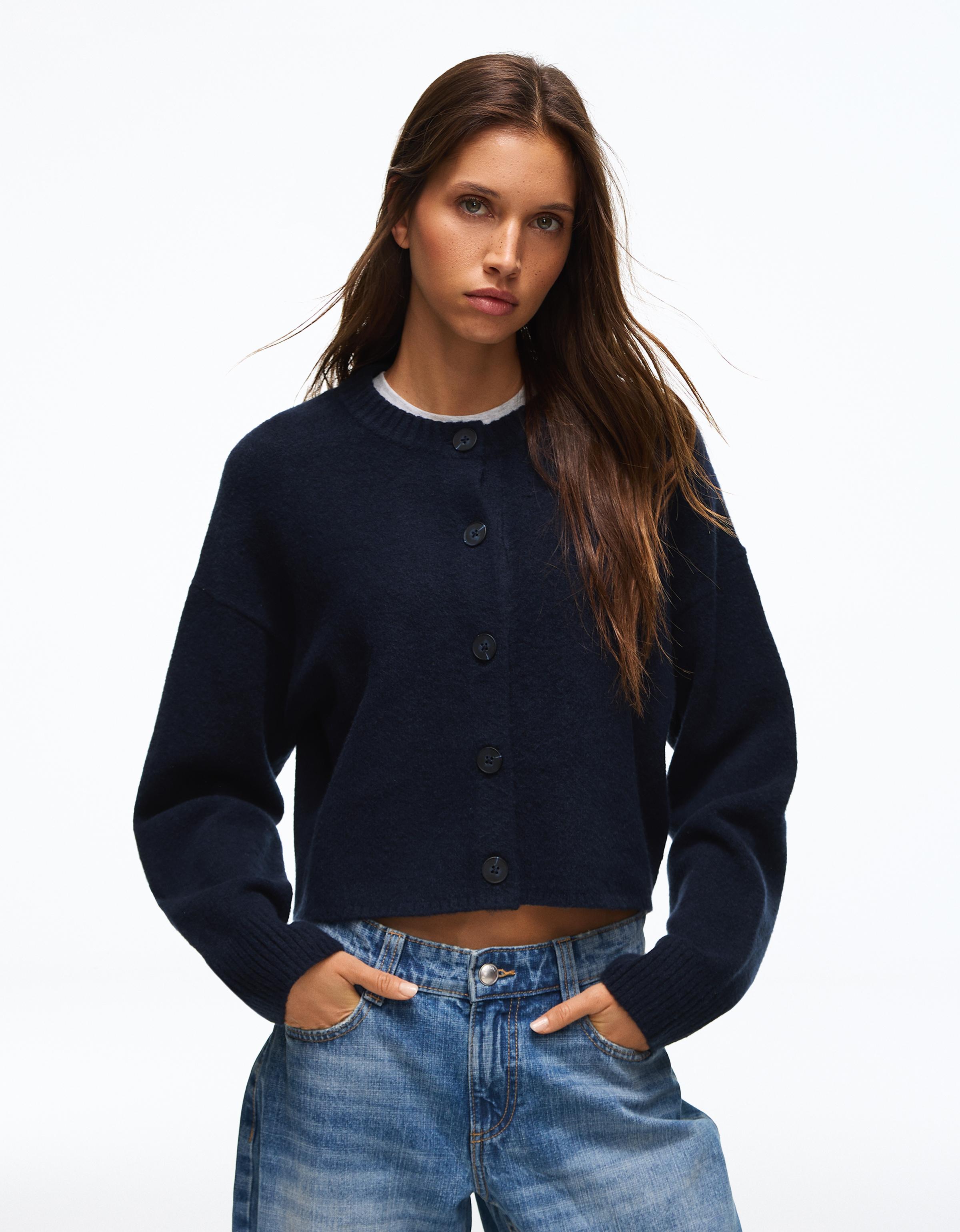 Bershka Chaqueta Punto Cuello Redondo Botones Mujer Marino