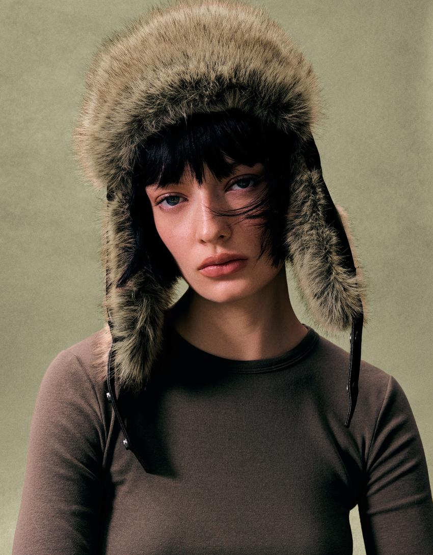 Bonnet aviateur fausse fourrure-Noir