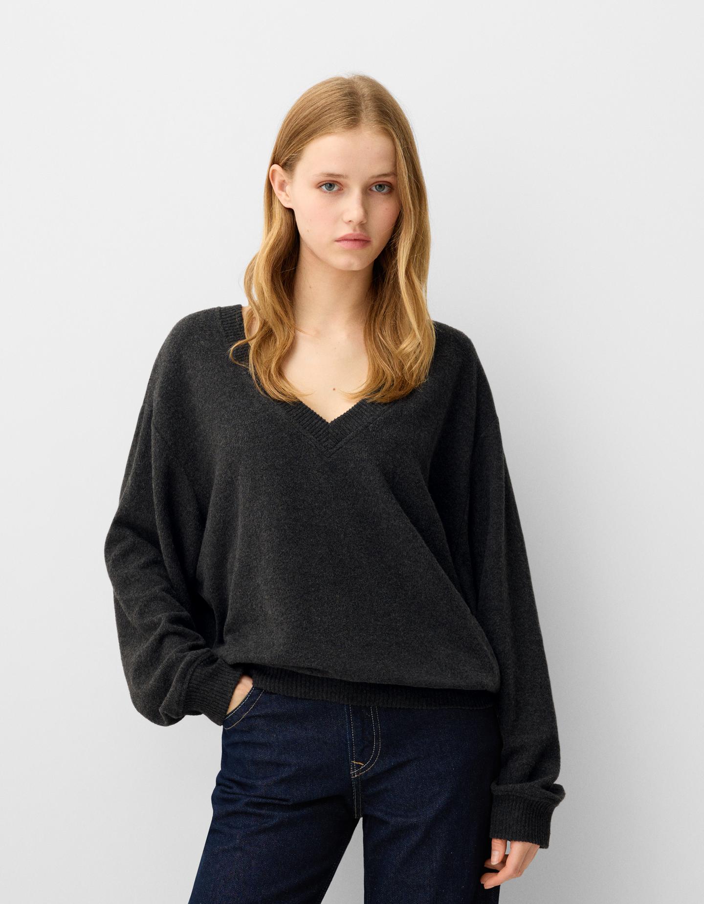 Bershka Jersey Cuello Pico Oversize Mujer S Gris Oscuro