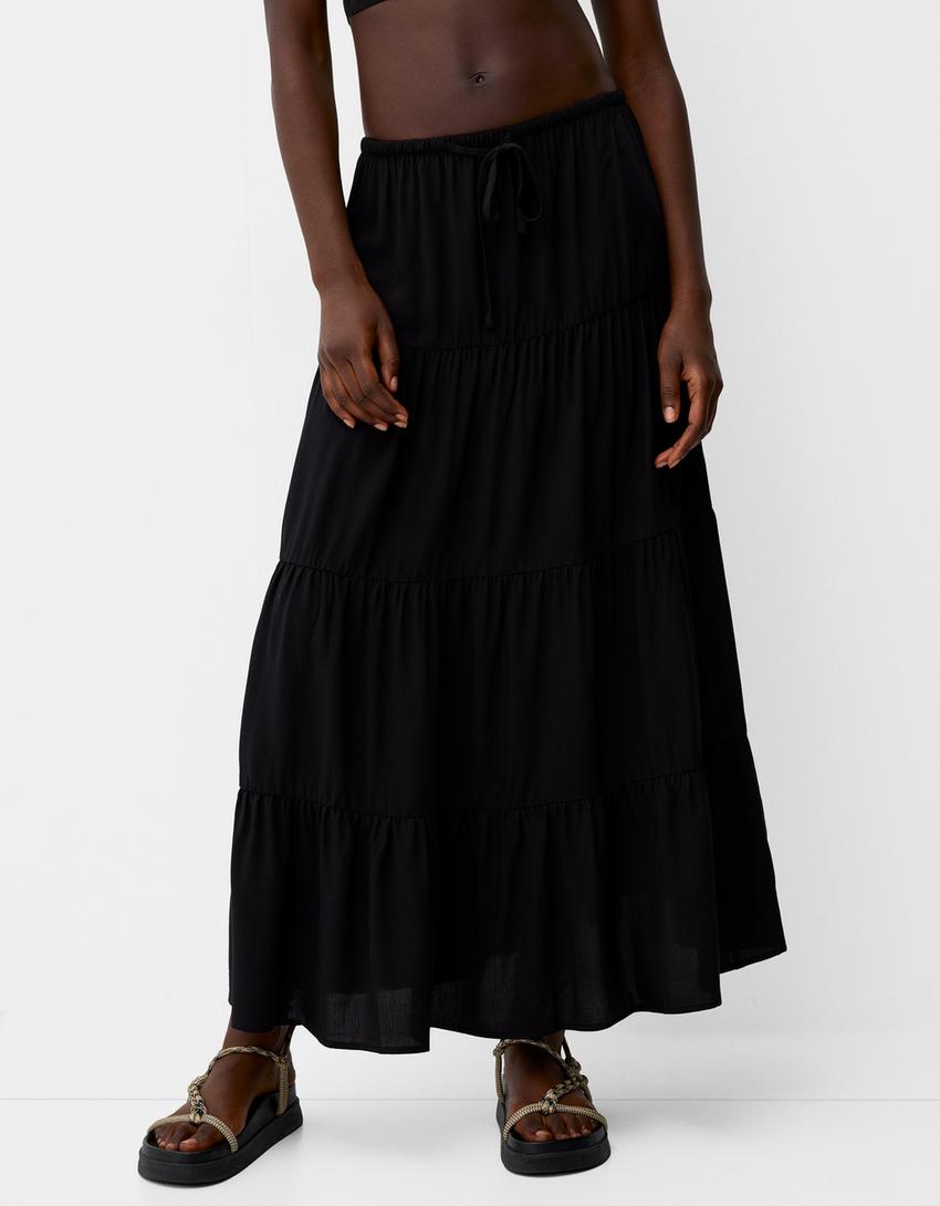 تنورة ميدي بخصر مرن-أسود-1