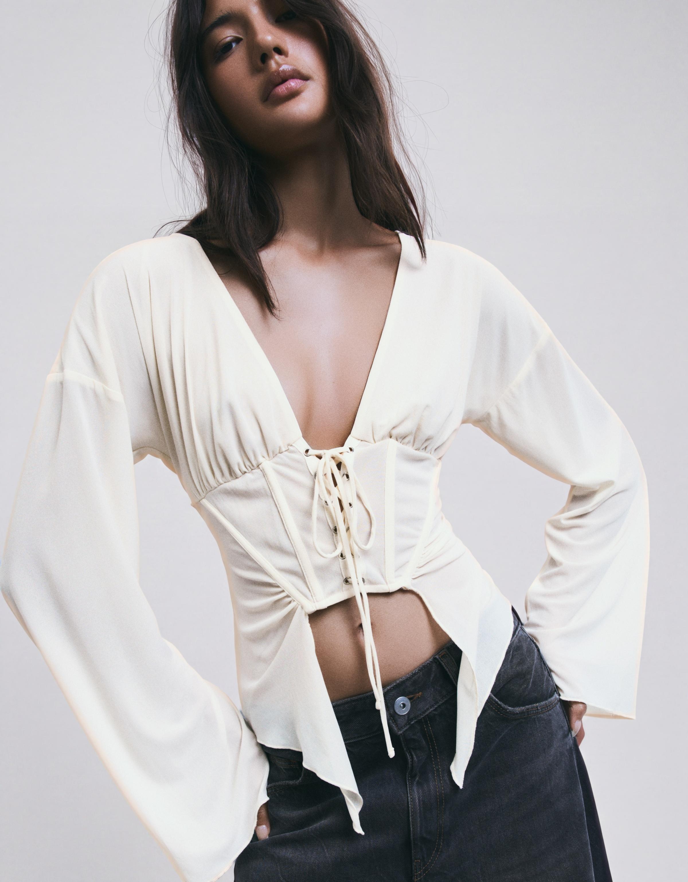 Long sleeve corset-effect T-shirt — Cream