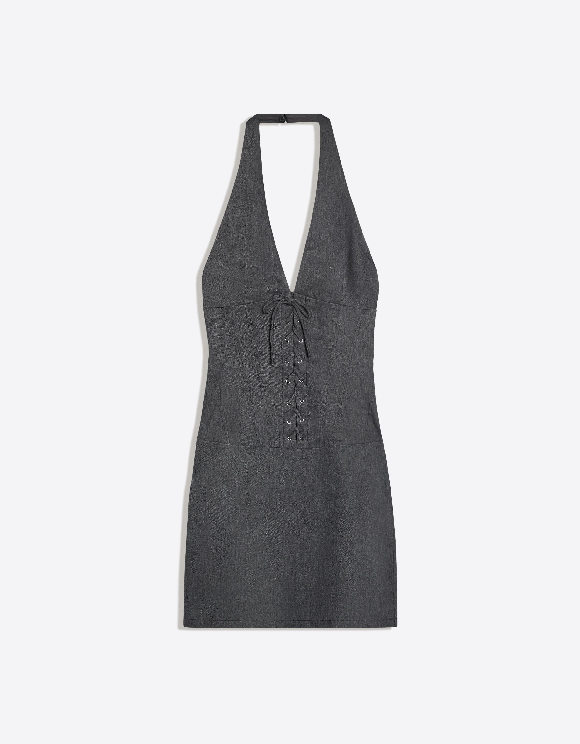 Mini halter dress in twill with corset effect and bow — Dark blue