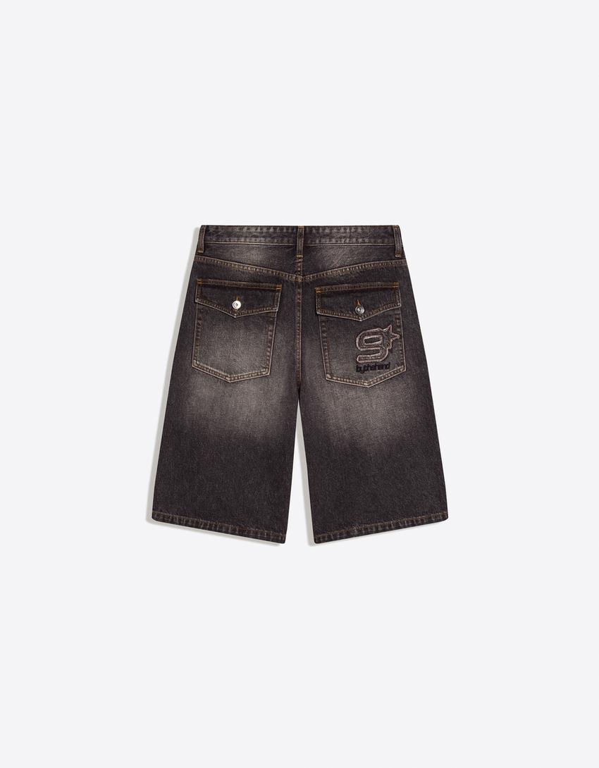 İşlemeli denim bermuda-Siyah