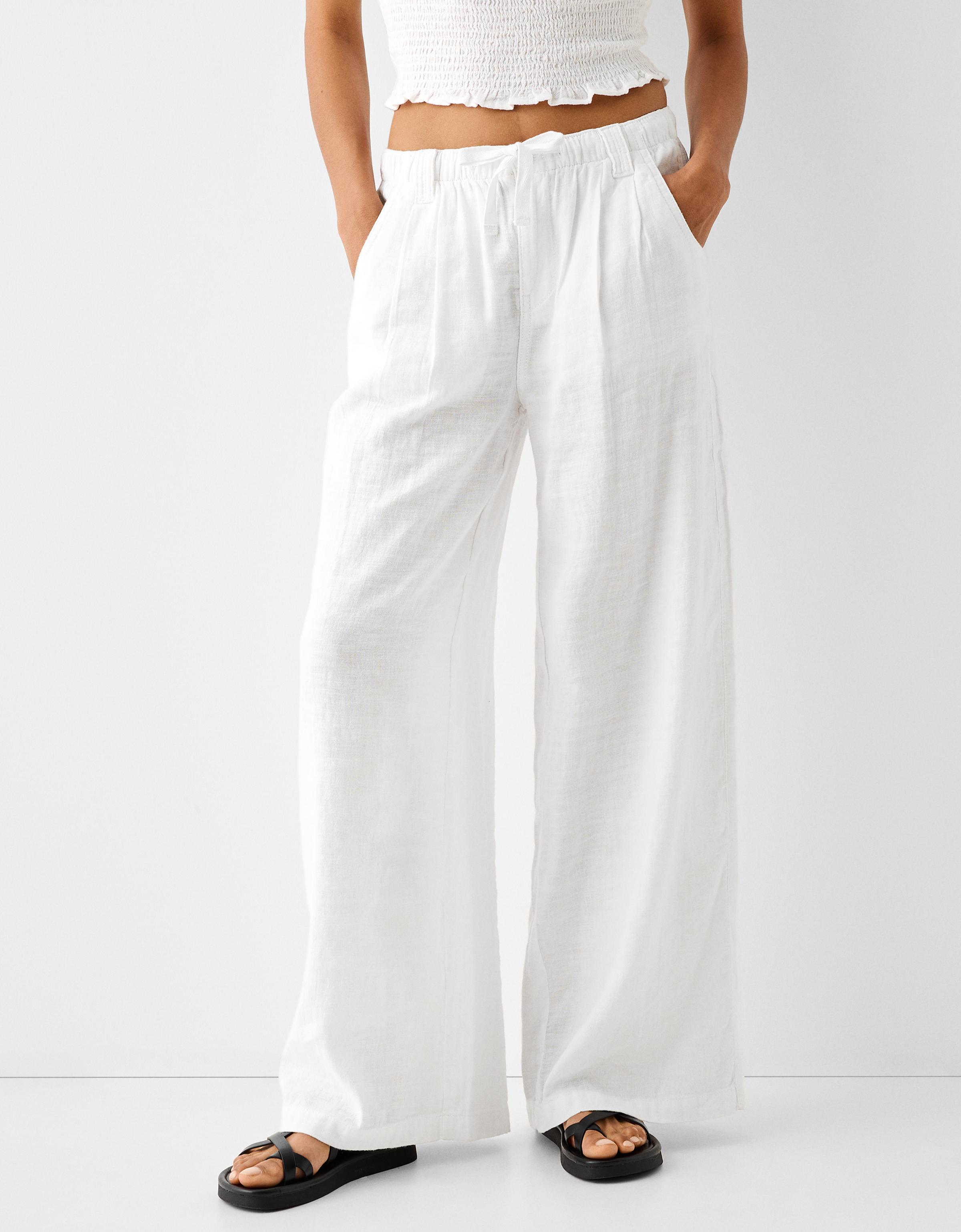 Bershka Wide-Leg-Hose Aus Leinenmischung Damen Xs Weiss