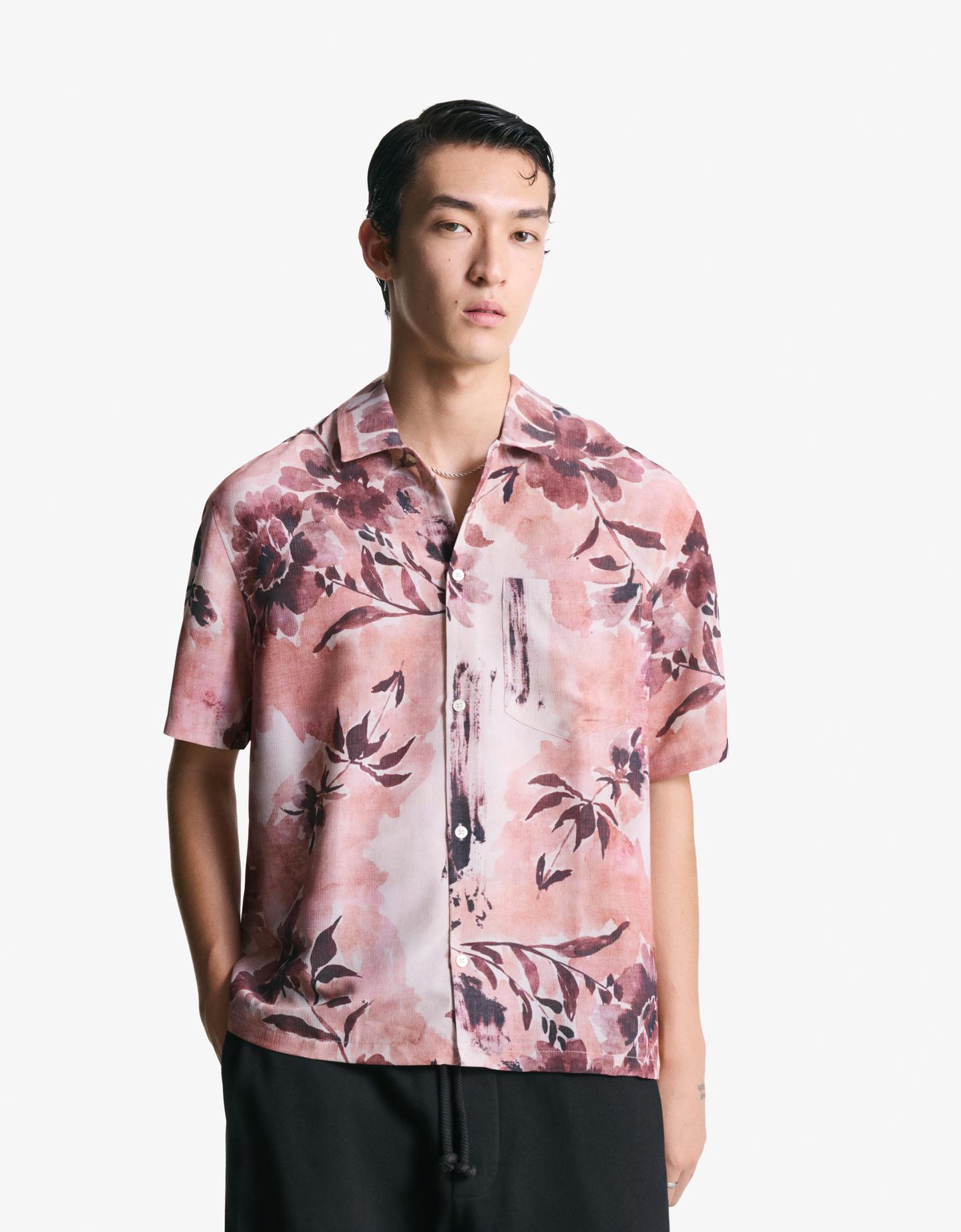 Bershka Camisa Manga Corta Print Hombre Xl Rosa
