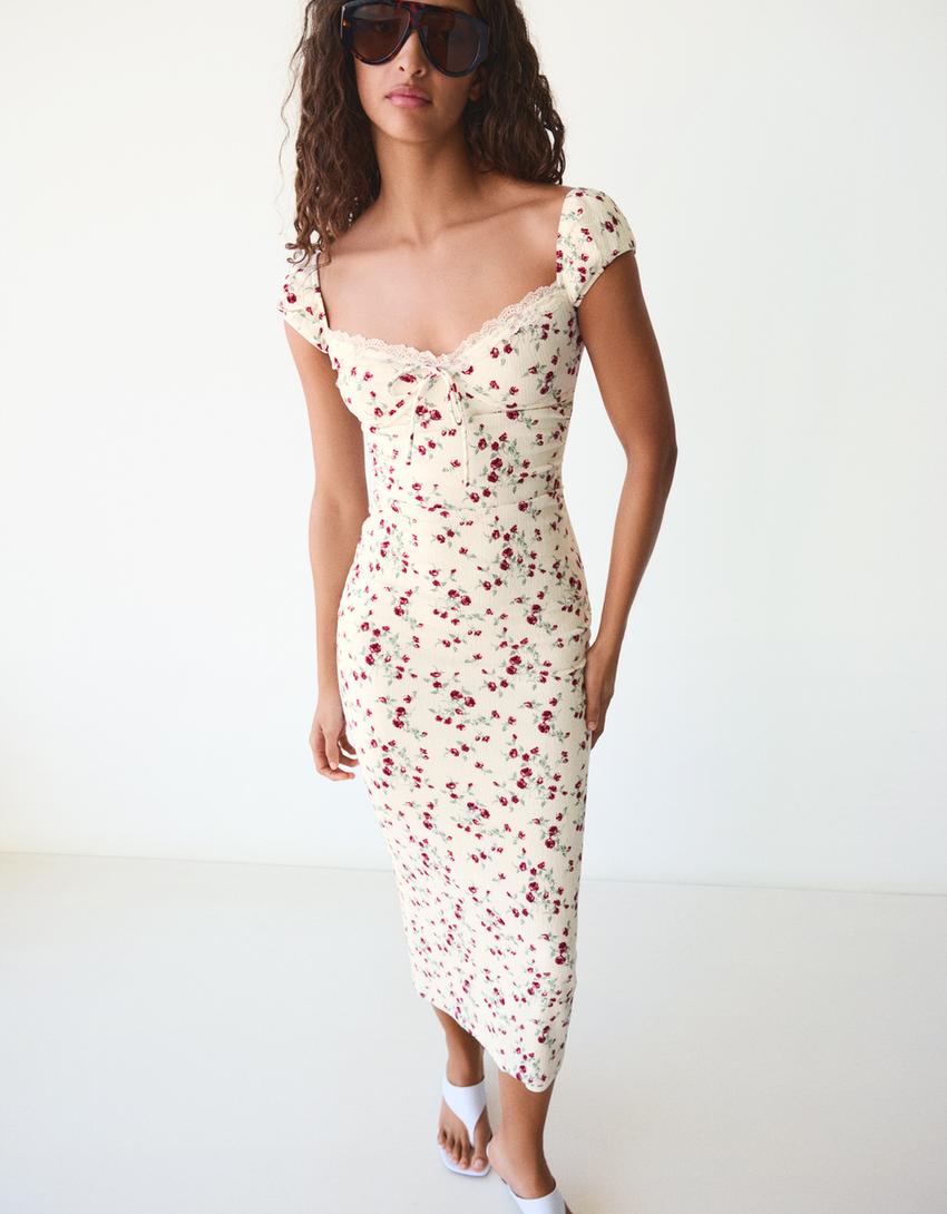 Vestido midi bambula encaje-Crudo