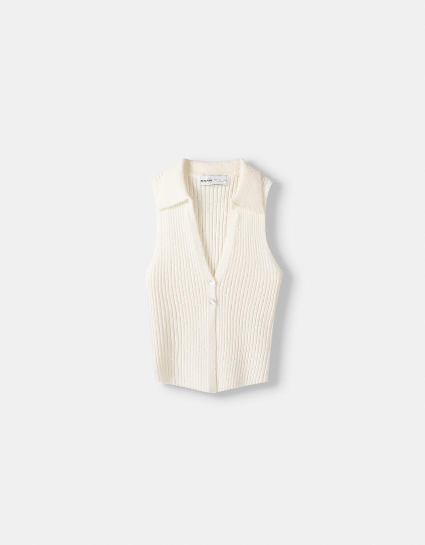 Rustic polo collar vest-Cream-4