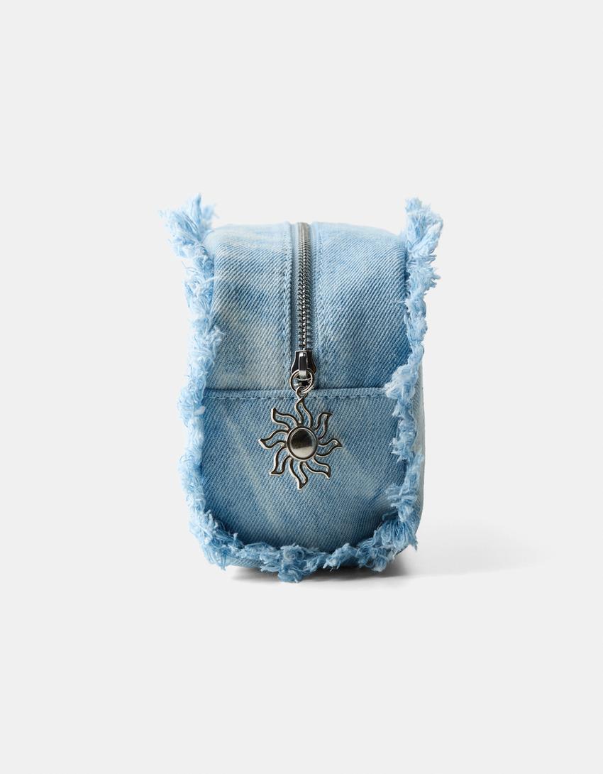 İşlemeli ve püsküllü kozmetik çantası-Mavi-2