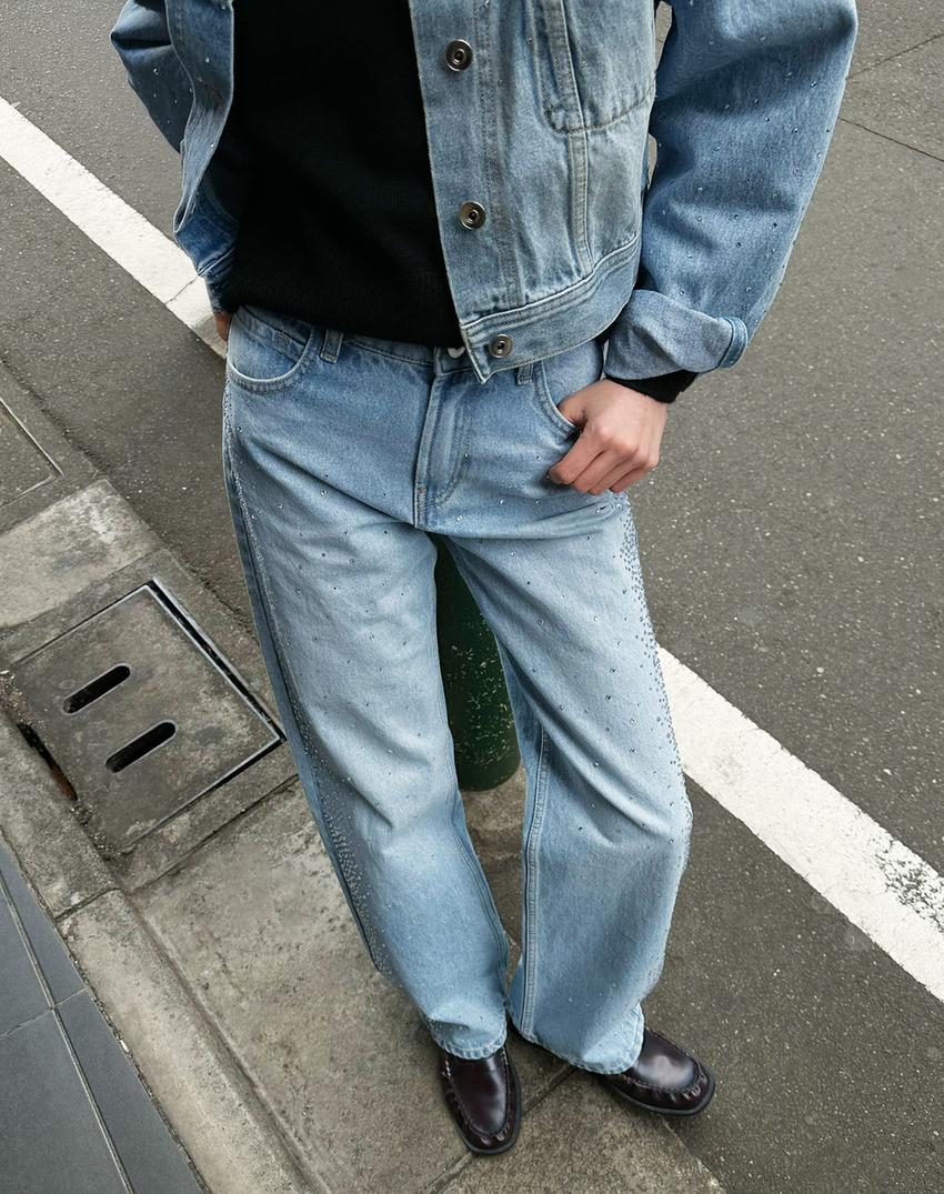 Yüksek bel straight fit geniş paça parlak jean - Görsel 4