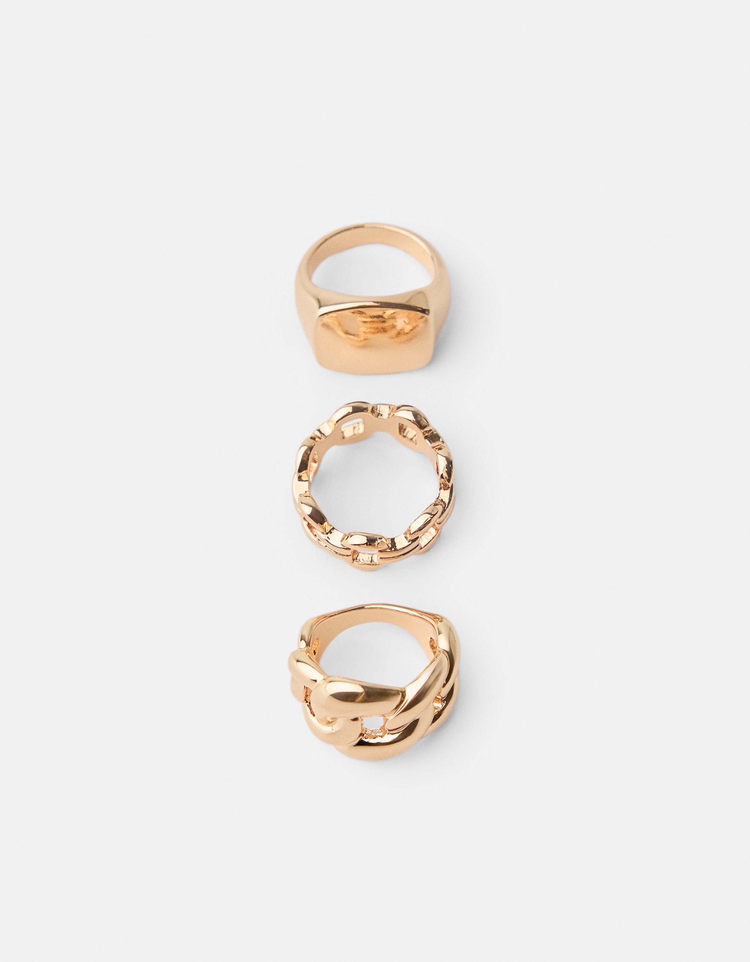 Bershka 3er-Pack Ringe Mit Kette Signature Edition Damen S Gold