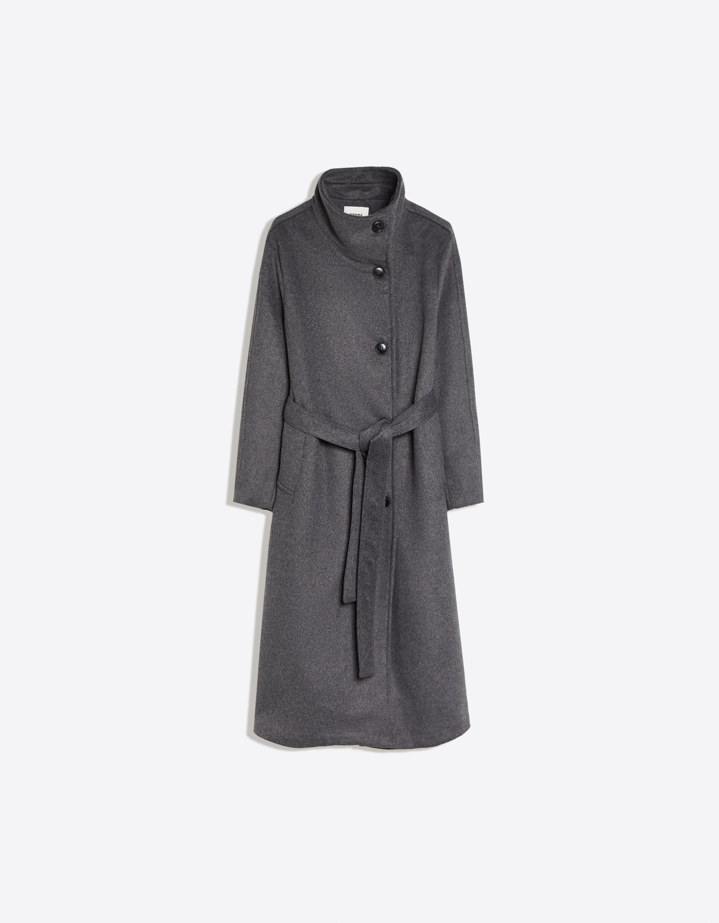 Long funnel neck coat with belt — Dark grey