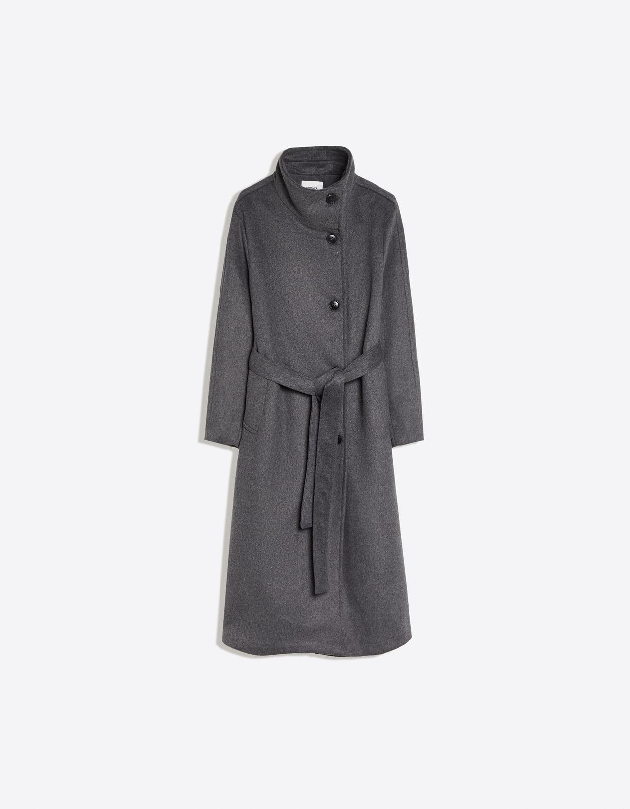 Long funnel neck coat with belt — Dark grey