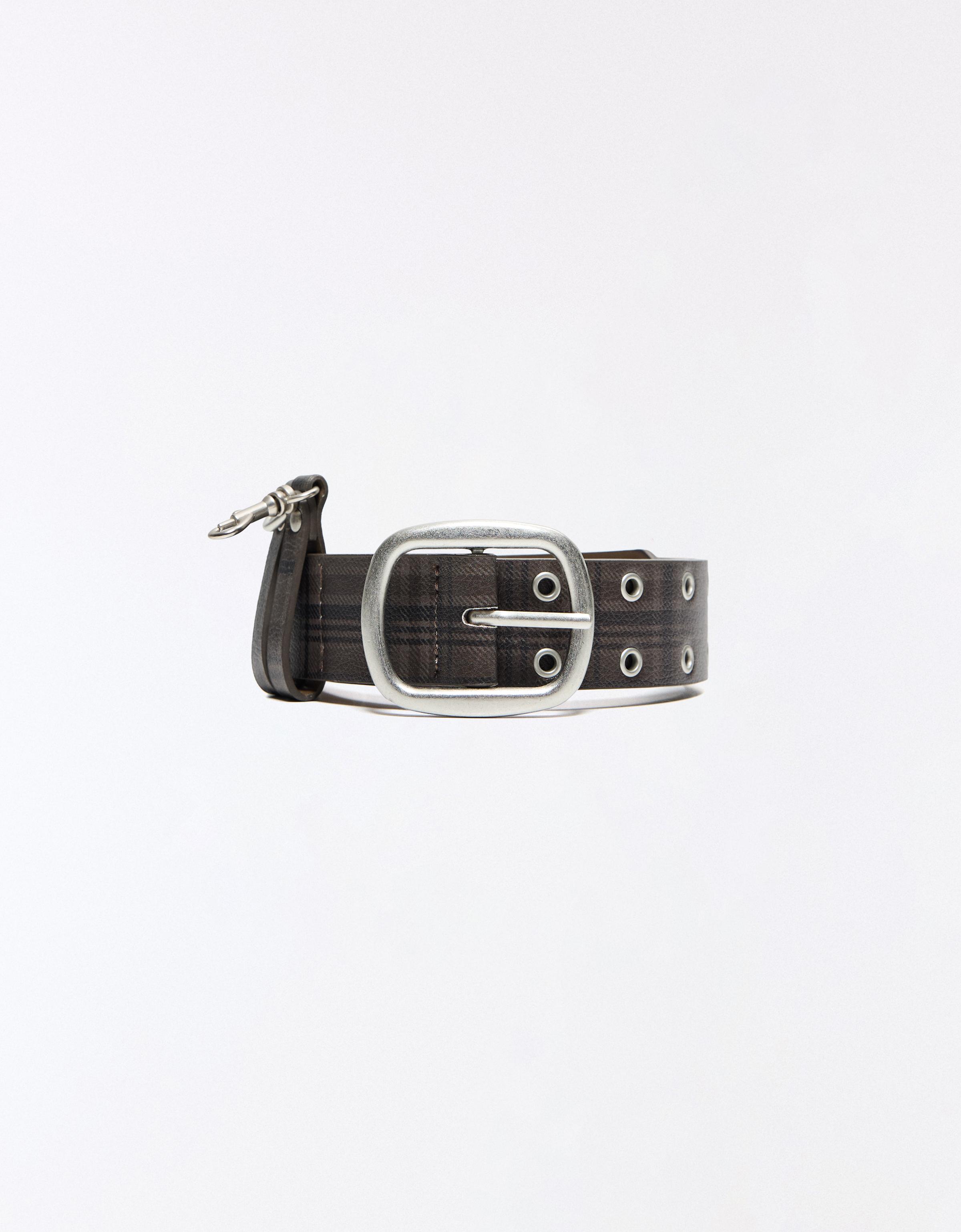 Studded check belt — Brown