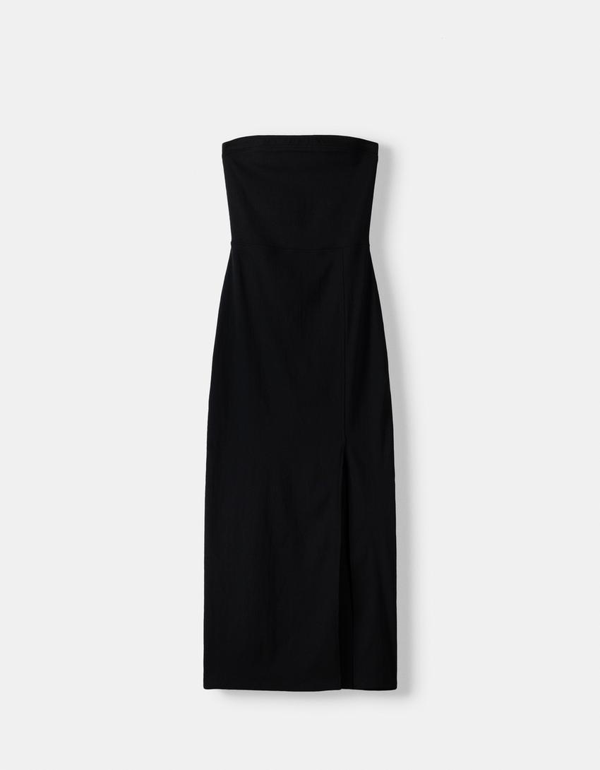 Fitted bandeau neckline midi dress-Black-5