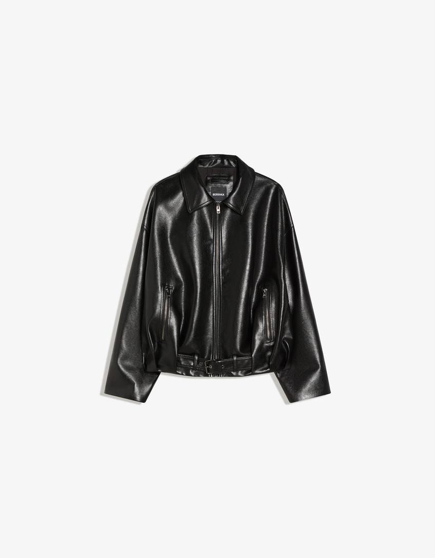 Faux leather bomber jacket with belt-Black