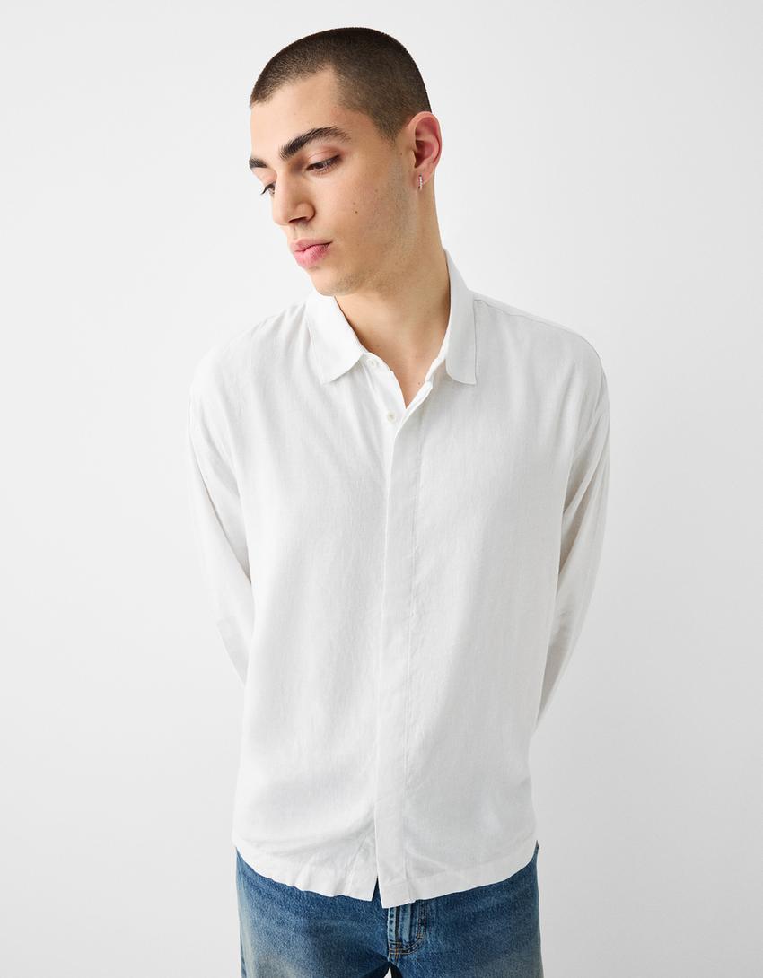 Chemise manches longues loose fit lin-Blanc-2