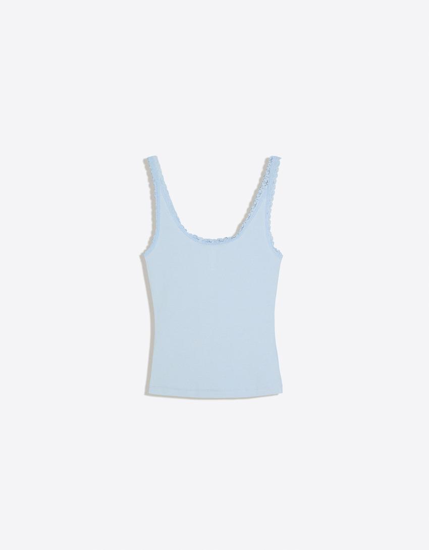 Top bretelles col tunisien dentelle-Bleu clair