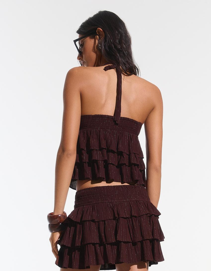 Top à volants encolure américaine-Marron