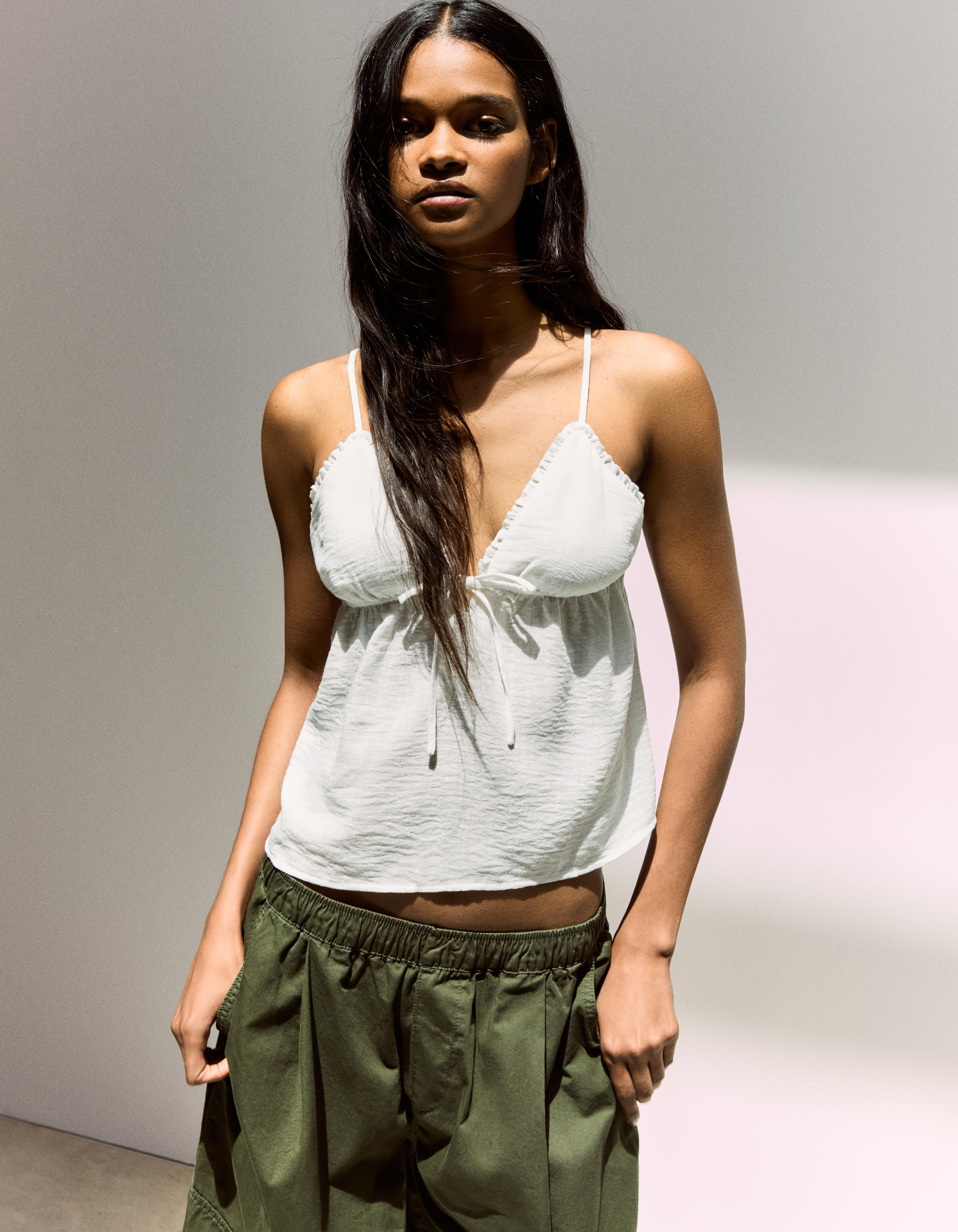 Bershka Top Tirantes Lazo Mujer Blanco Roto
