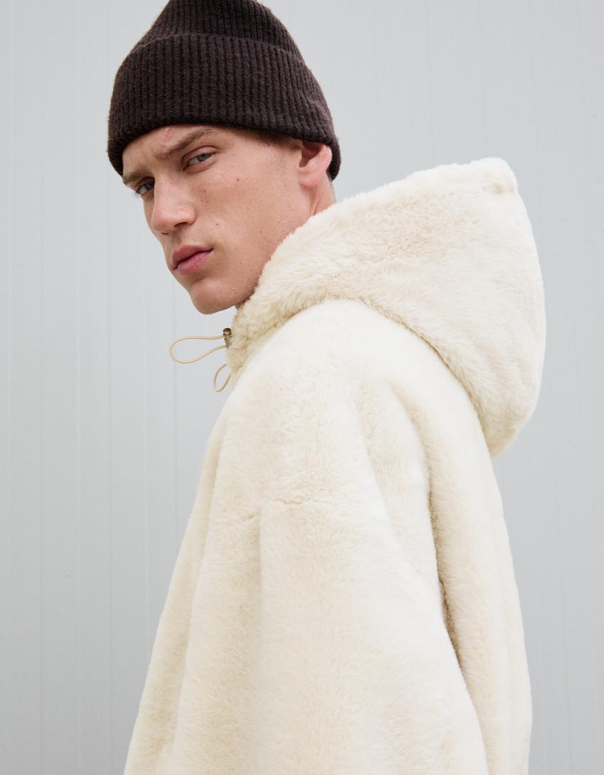 Hooded faux fur jacket-Cream