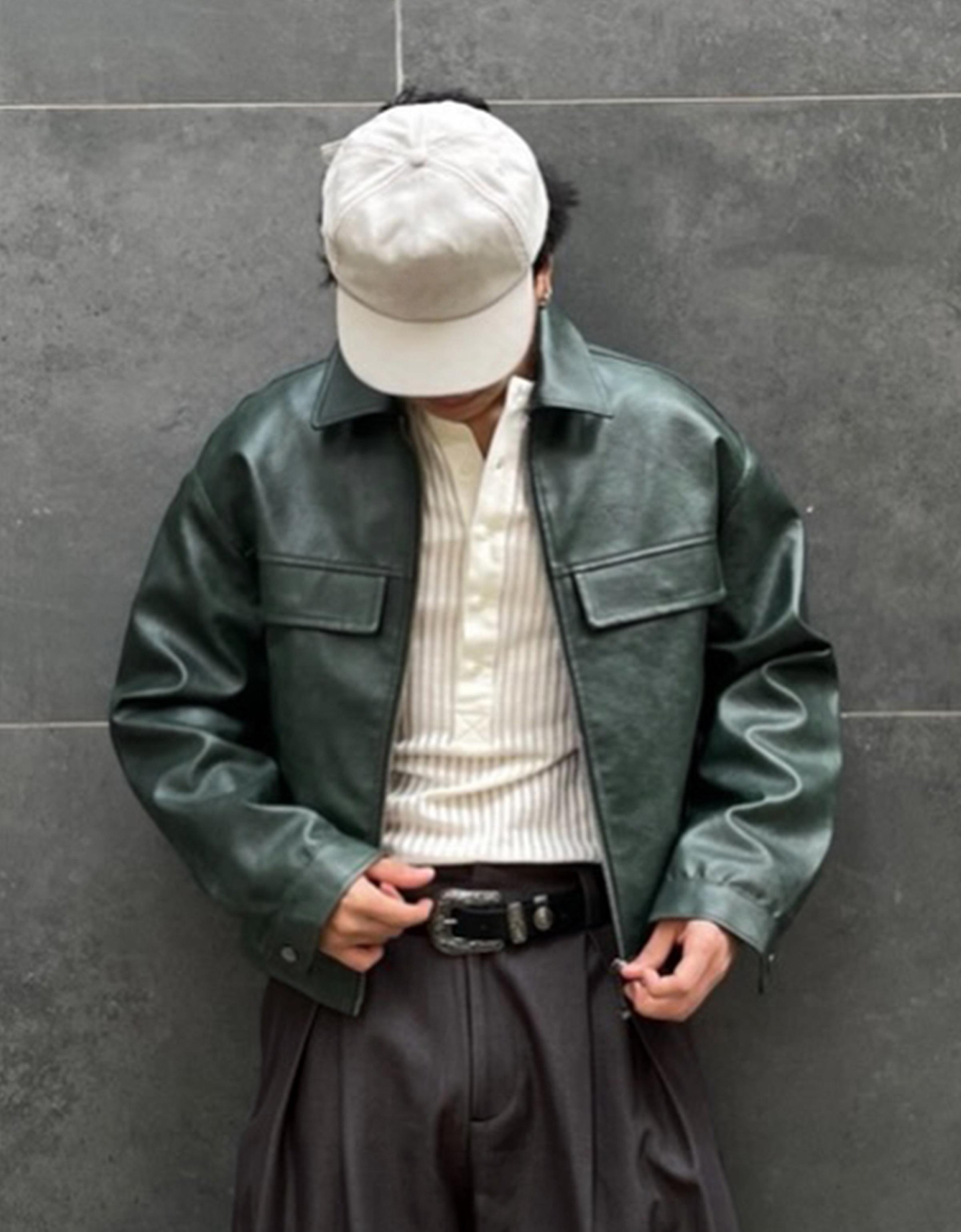 Boxy leather effect jacket — Green