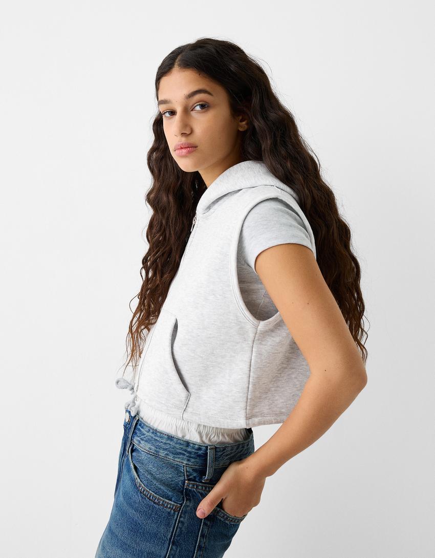 Plush zipped gilet with hood-Grey-3