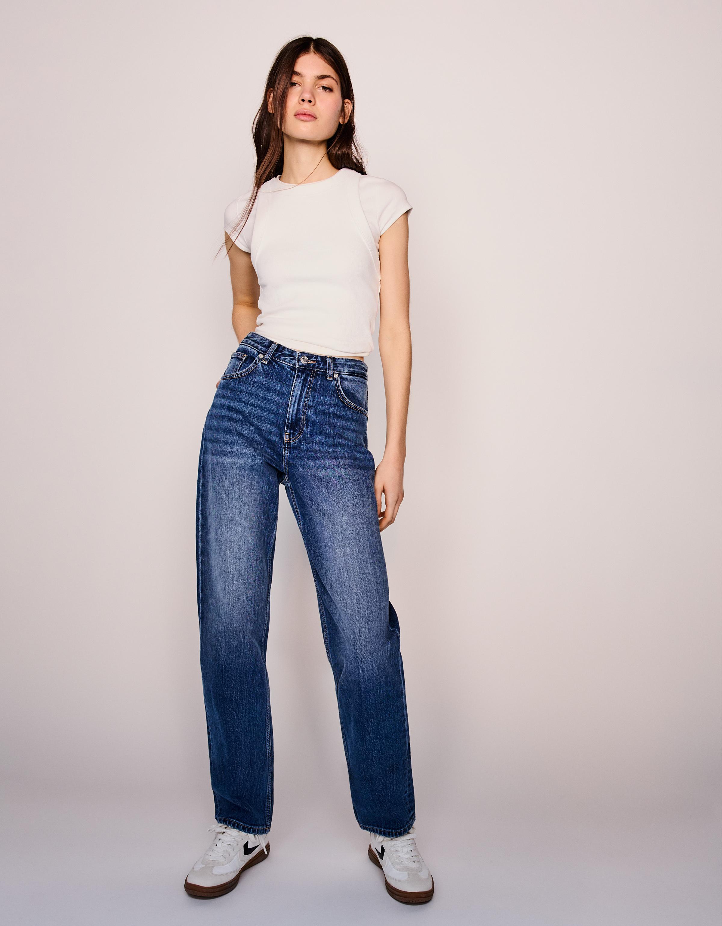 Bershka Mom-Jeans Mit Hohem Bund Damen 42 Blau