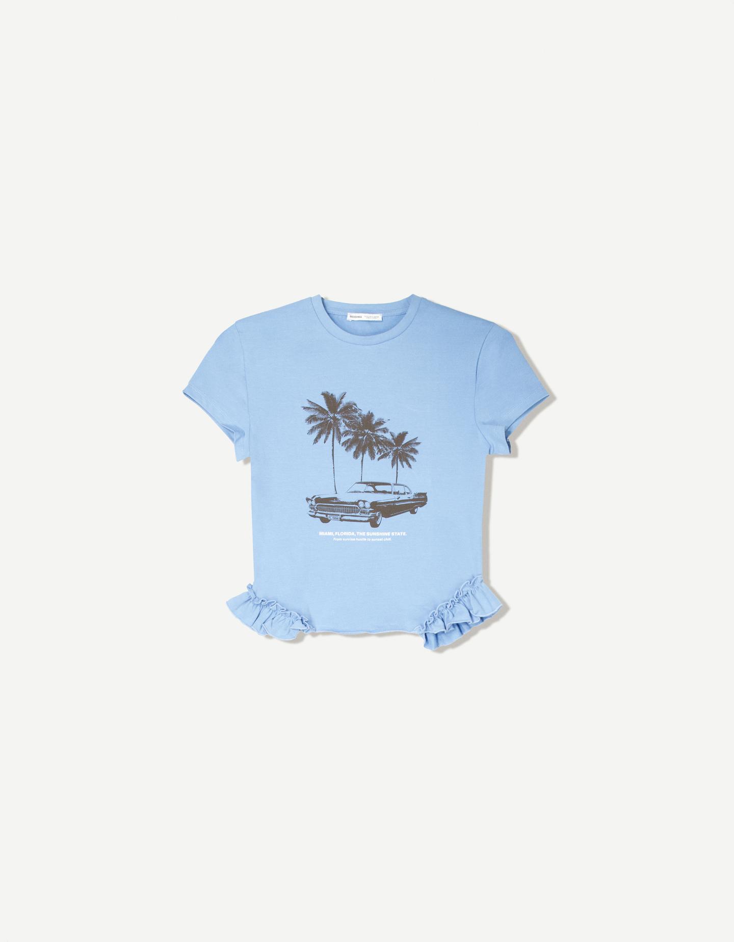 Bershka Camiseta Manga Corta Volantes Print Mujer Xs Azul