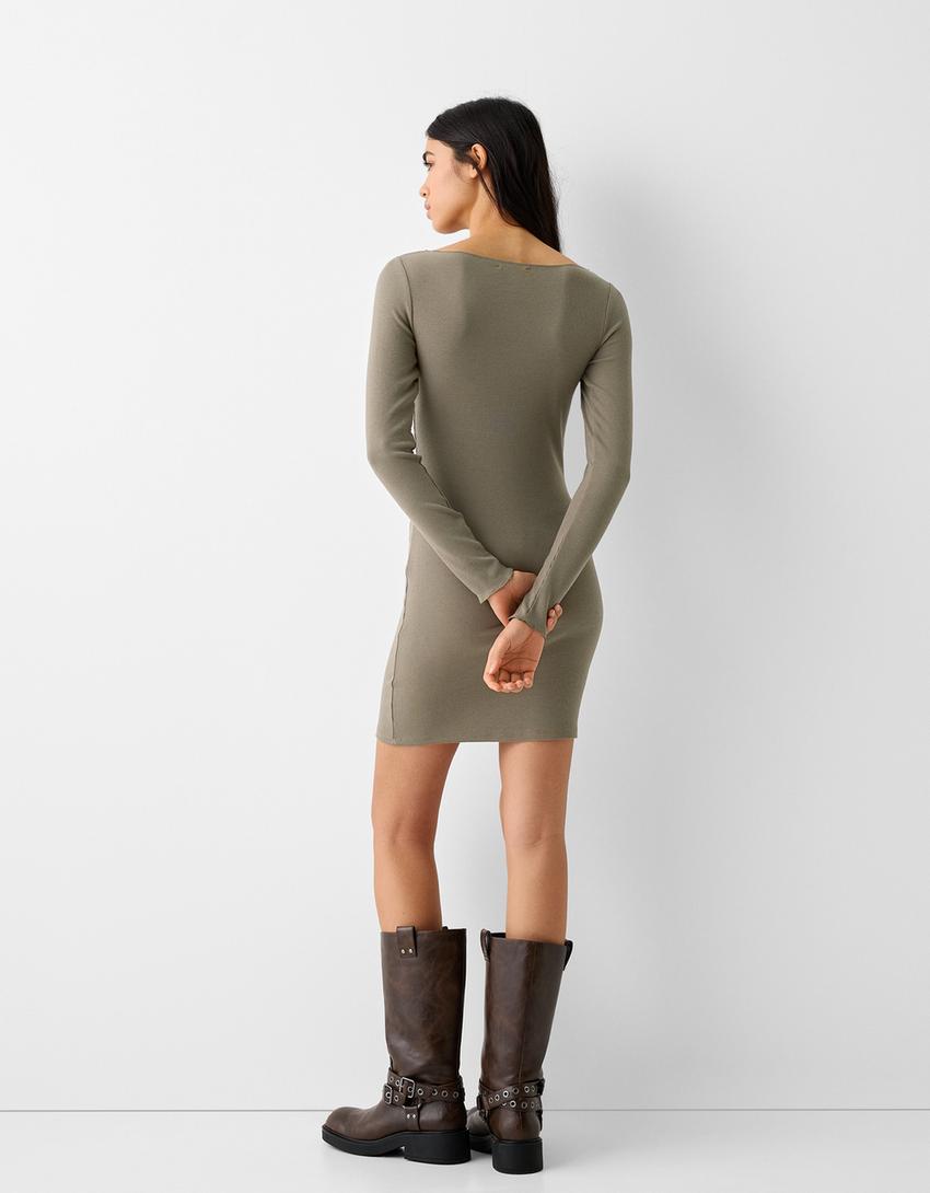 فستان ميدي محاك ومضلع بأكمام طويلة وياقة بوت-كاكي-2