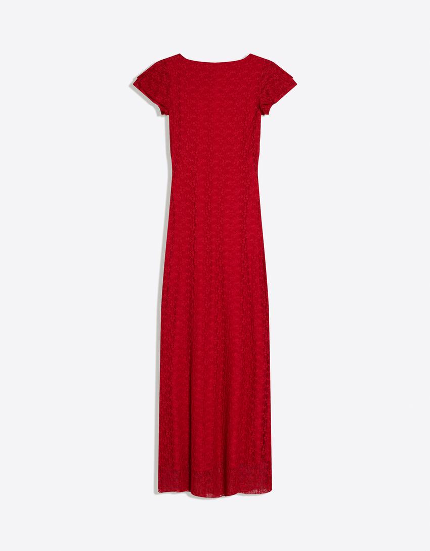 Robe midi en dentelle-Rouge
