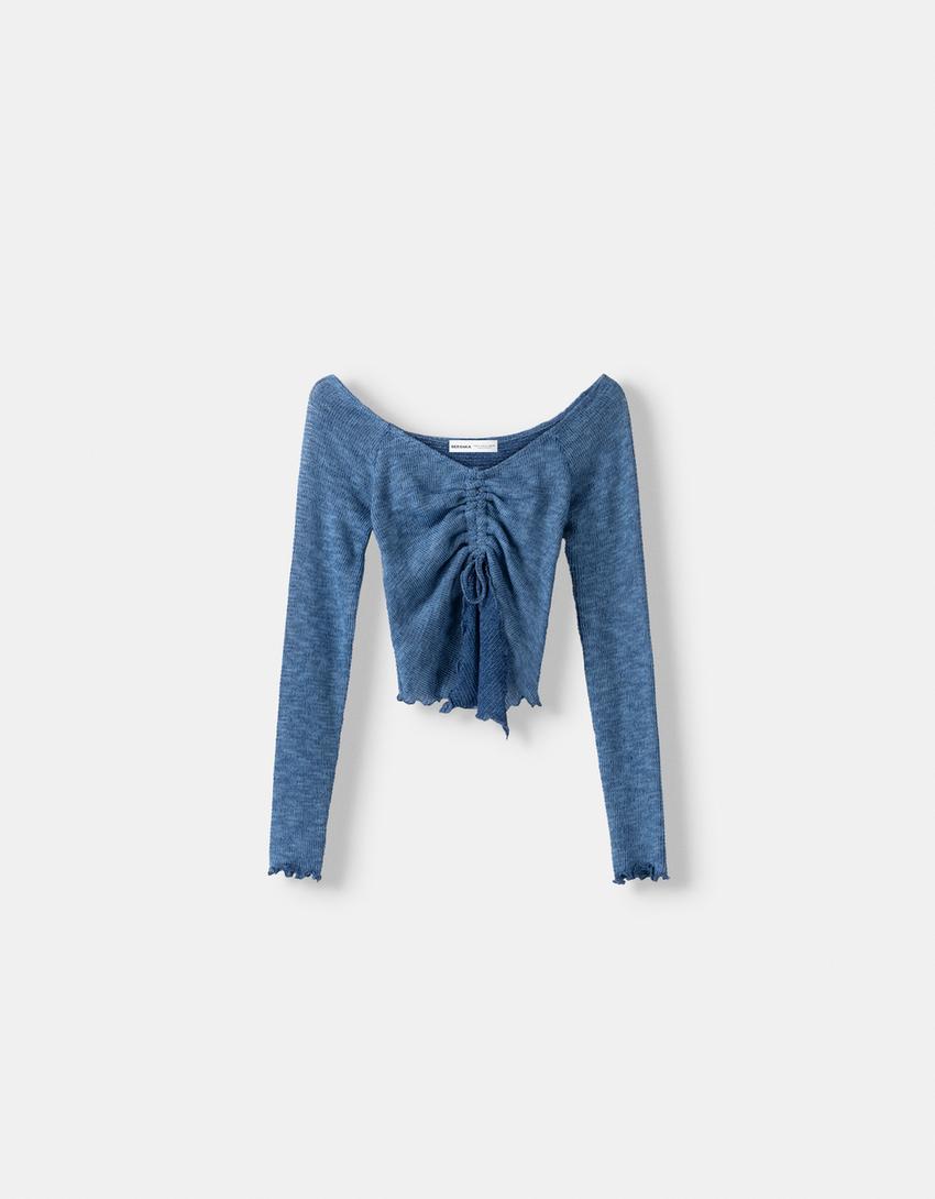 Pull manches longues col en V froncé-Bleu-4