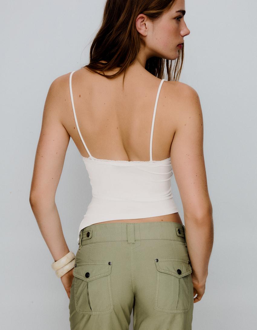 Lace trim strappy top-Cream