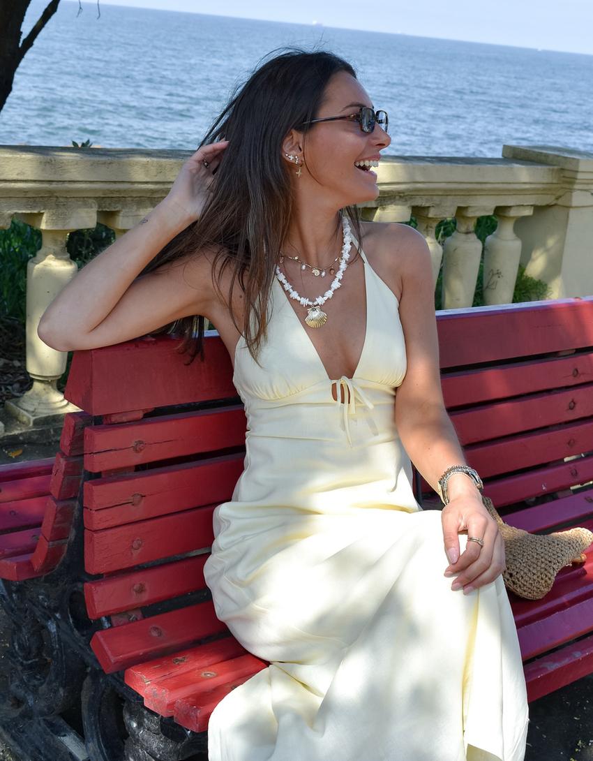 Vestido midi halter de laçada com linho-Amarelo-2