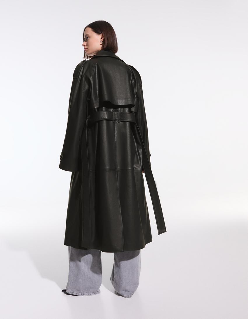Faux leather trench coat-Black