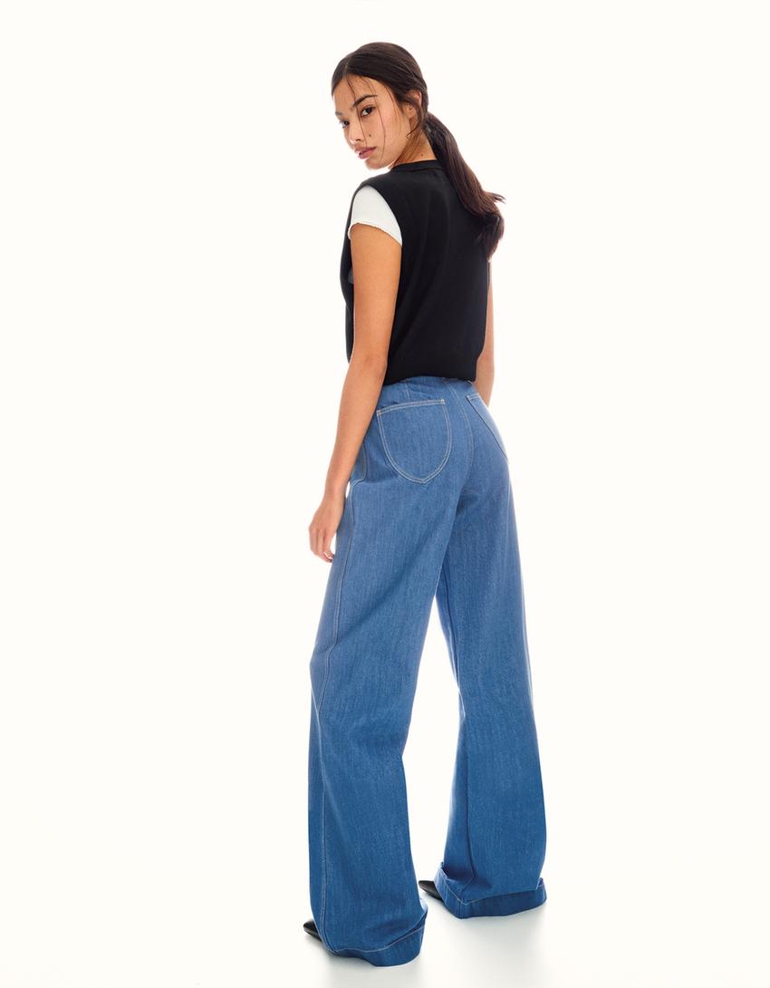 Jeansy o kroju wide leg-Niebieski